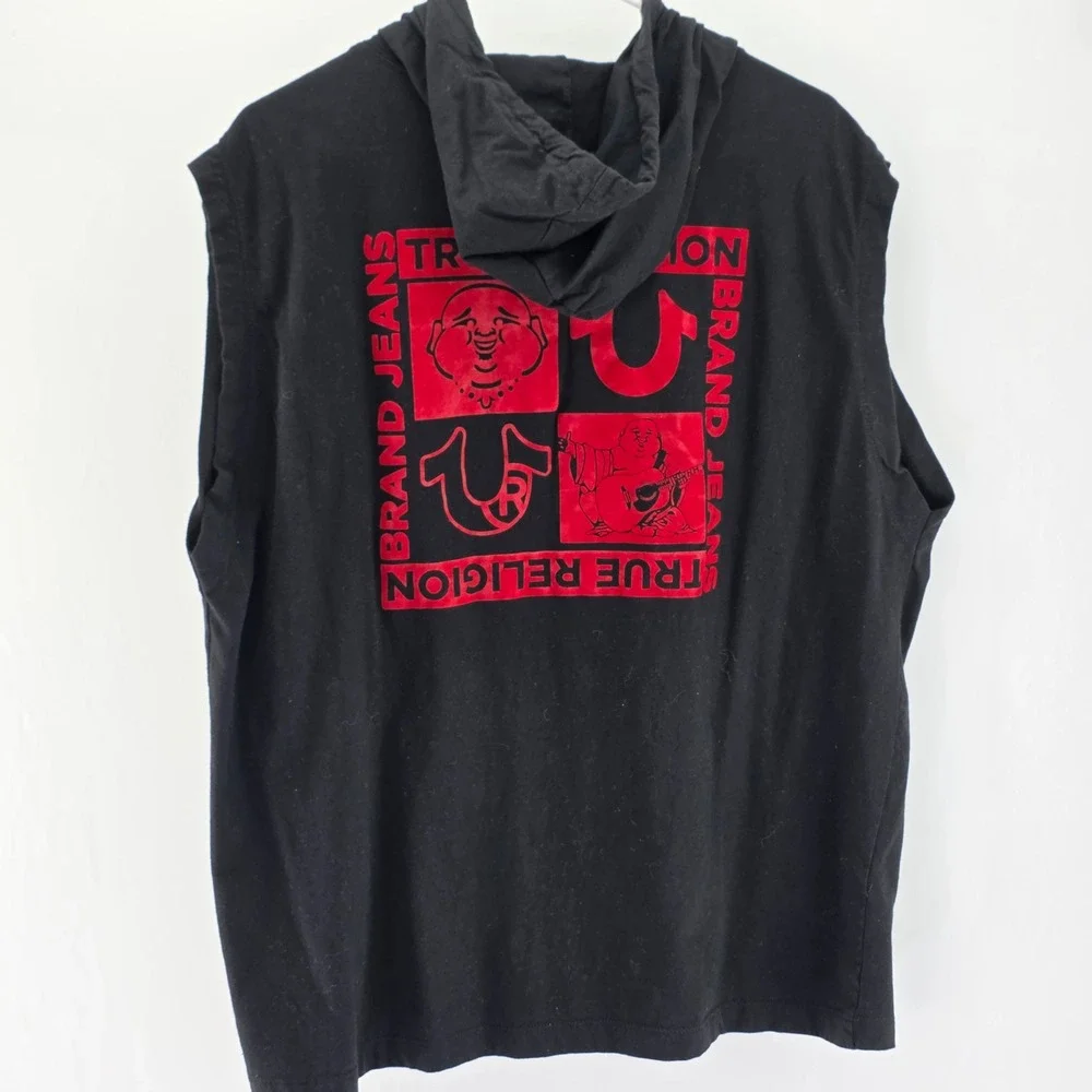 True Religion Sleeveless Hoodie Mens Large Black Graphic Buddha Horseshoe Logo